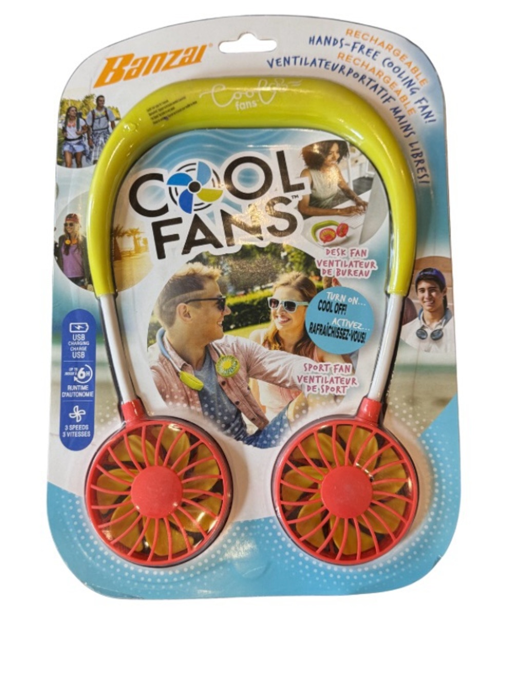 Banzai Cool Fans Rechargeable Hands-Free Neck Fan Desk Fan Lime and Rose Pink